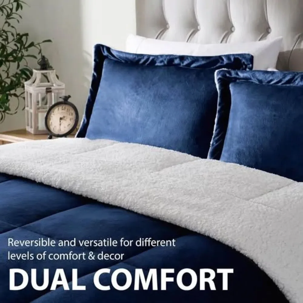 3 Pieces QUEEN Sherpa Reversible Comforter Set New Blue